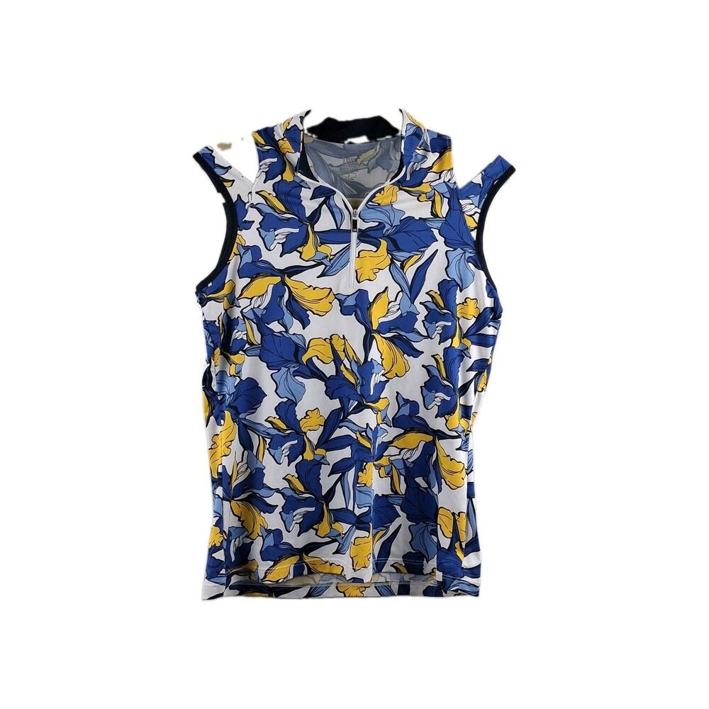TAIL Sleeveless Floral Golf Top Blue Yellow Quarter Zip Stretch Performance Sz S